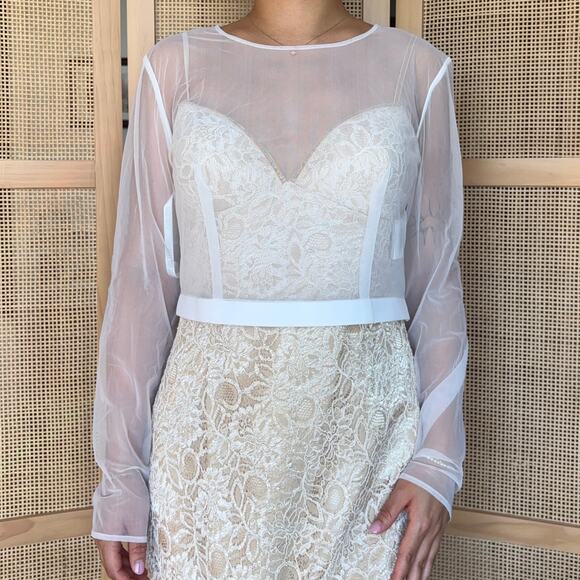 David’s Bridal Long Sleeve Tulle Topper Mesh White Top Button Back size 14 new - Picture 2 of 7